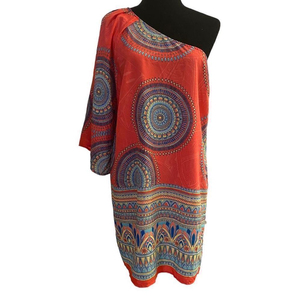 Hello Miss Hot Pink One Shoulder Geometric‎ Print Sheath Dress Sz L
